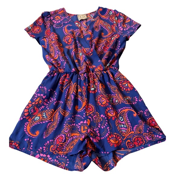 Source Unknown Pants - Floral Paisley Print Romper Sz M Orange Pink V-Neck Elastic Waist USA Made